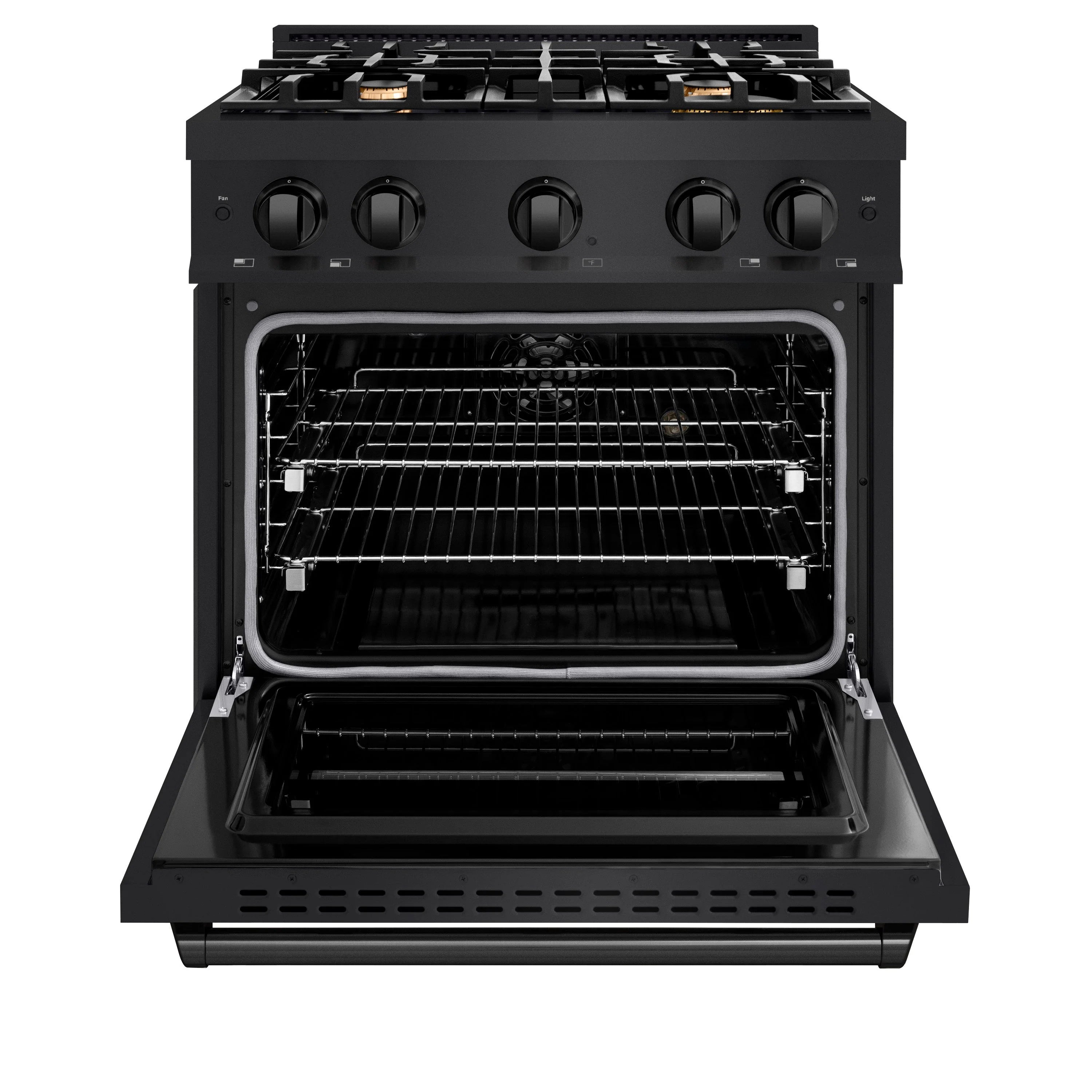 Black gas oven with wire racks and open door, front view