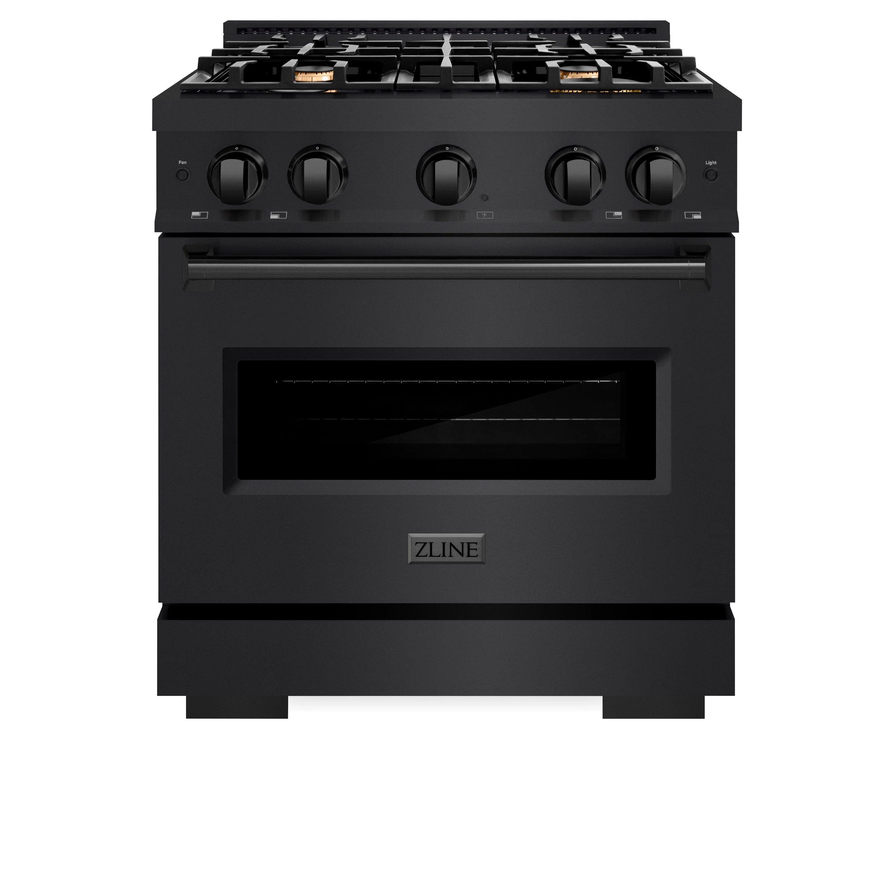 Black stainless gas range with four burner knobs, oven door, and ZLINE logo