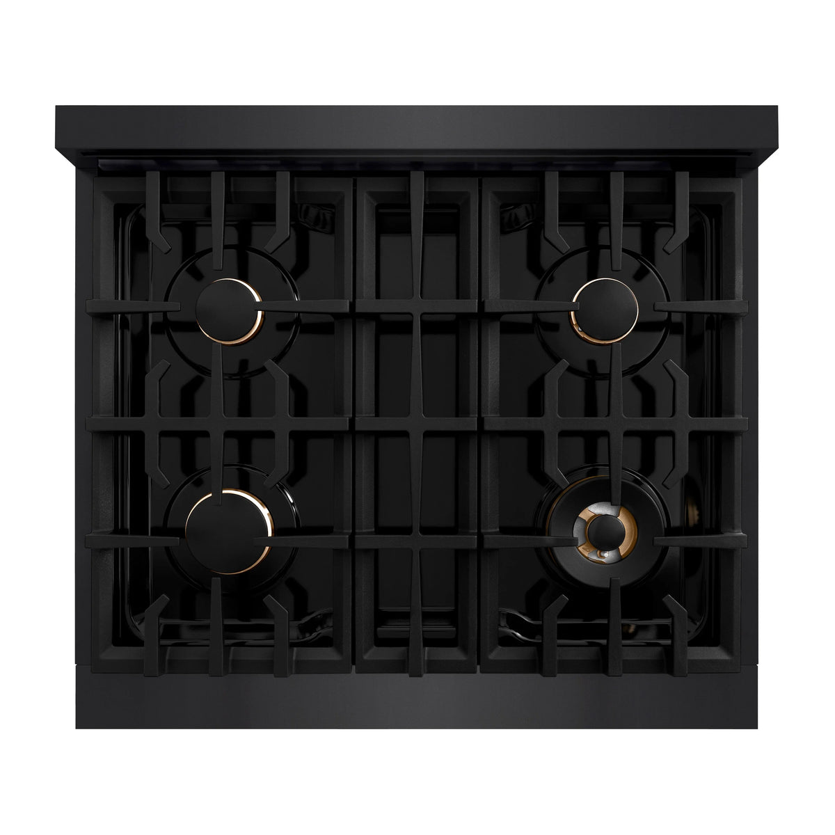 Black gas cooktop with four burners and brass burner caps