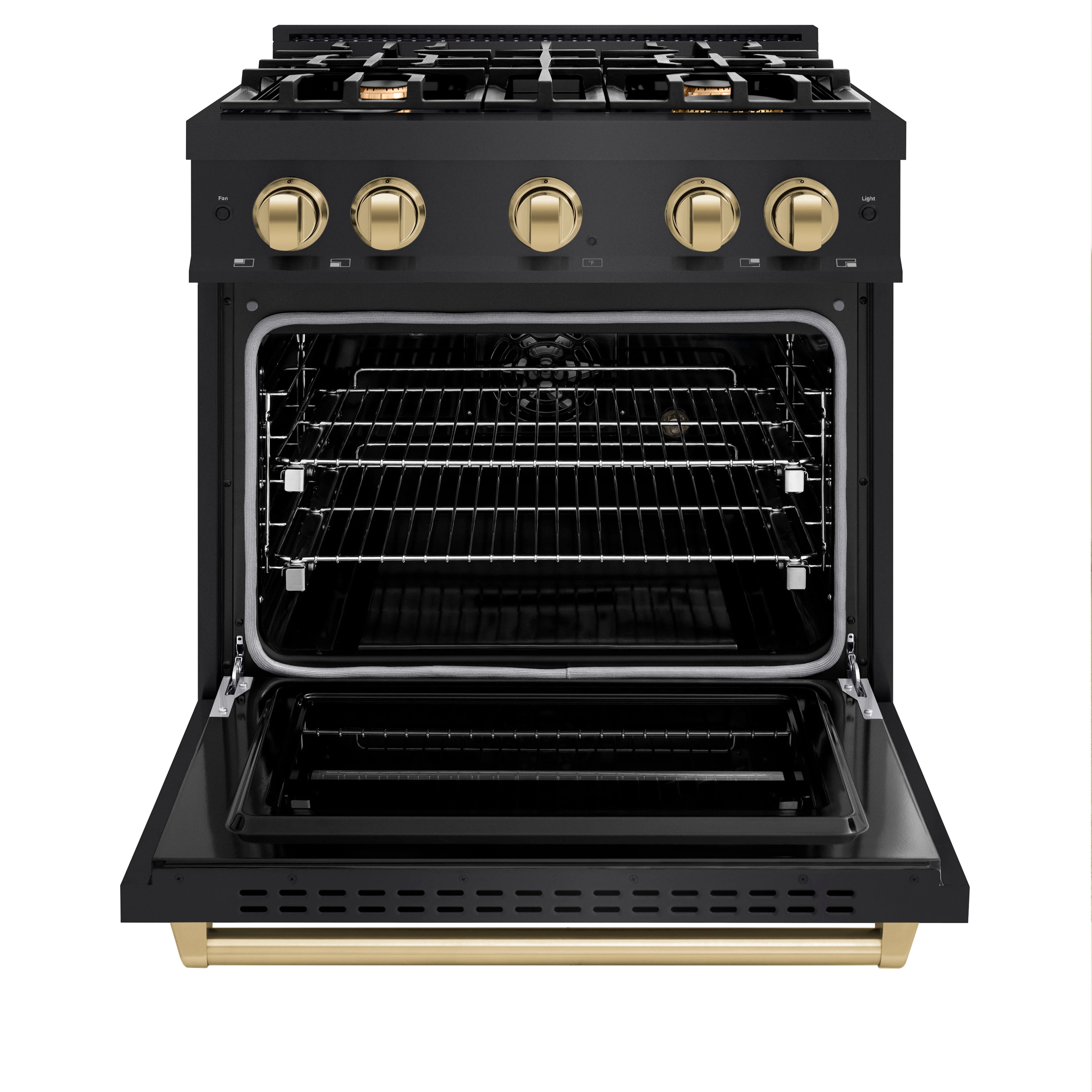 Black dual fuel range with open convection oven and four gas burners on top
