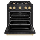 ZLINE 4-Piece Appliance Package - 30-Inch Dual Fuel Range, Hood, Refrigerator with Water Dispenser, and Dishwasher in Black Stainless Steel with Champagne Bronze Accents
