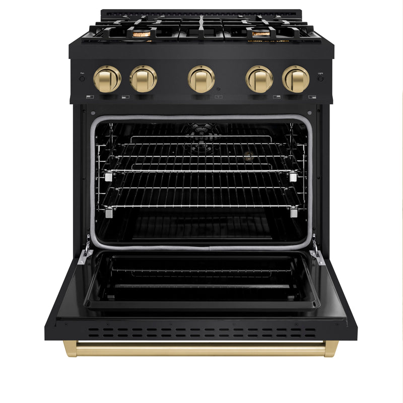 ZLINE 4-Piece Appliance Package - 30-Inch Dual Fuel Range, Hood, Refrigerator with Water Dispenser, and Dishwasher in Black Stainless Steel with Champagne Bronze Accents