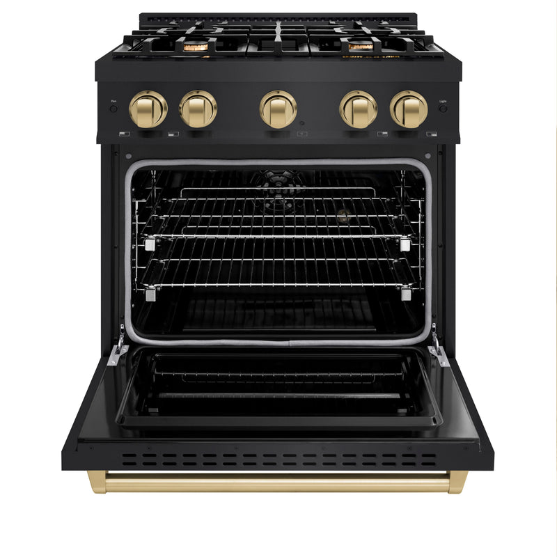 ZLINE Autograph Edition 30-Inch Classic Series Dual Fuel Range with 4 Gas Burner Cooktop and 4.2 Cu. Ft. Electric Convection Oven in Black Stainless Steel with Champagne Bronze Accents (CDRBZ-30-CB)