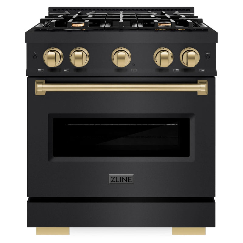 ZLINE 5-Piece Appliance Package - 30-Inch Dual Fuel Range, Hood, Refrigerator, Dishwasher, and Microwave Drawer in Black Stainless Steel with Champagne Bronze Accents