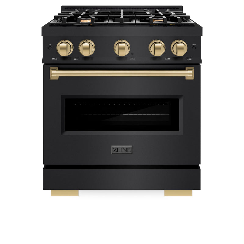 ZLINE Autograph Edition 30-Inch Classic Series Dual Fuel Range with 4 Gas Burner Cooktop and 4.2 Cu. Ft. Electric Convection Oven in Black Stainless Steel with Champagne Bronze Accents (CDRBZ-30-CB)