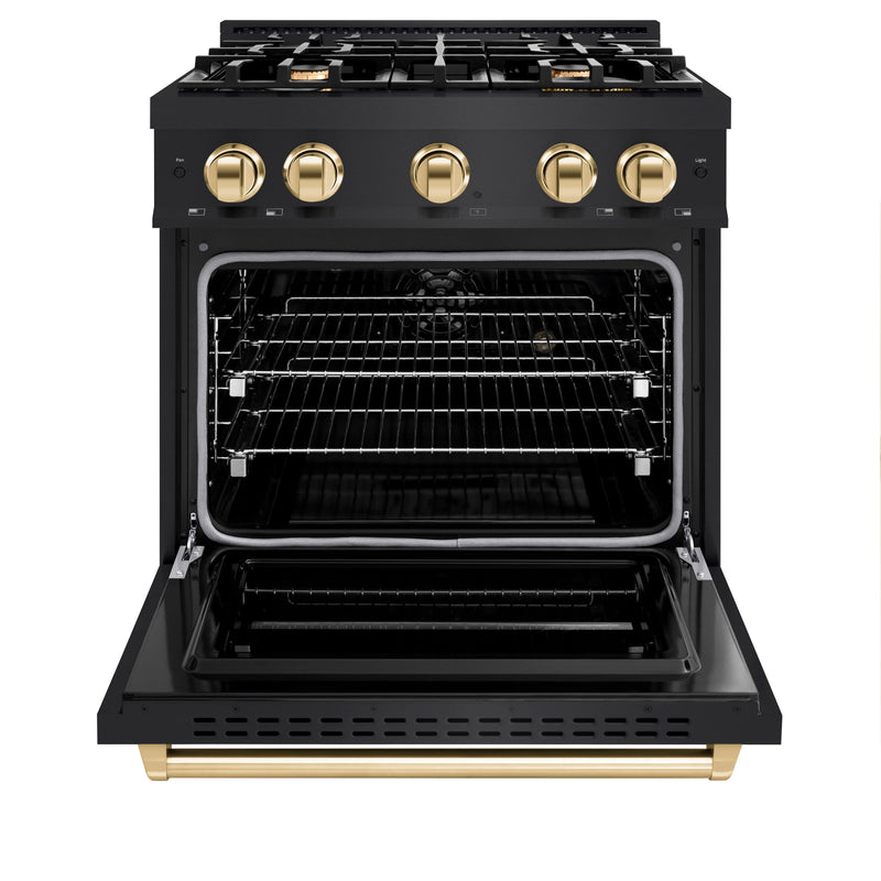 ZLINE Autograph Edition 30-Inch Classic Series Dual Fuel Range with 4 Gas Burner Cooktop and 4.2 Cu. Ft. Electric Convection Oven in Black Stainless Steel with Polished Gold Accents (CDRBZ-30-G)