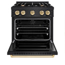 ZLINE 4-Piece Appliance Package - 30-Inch Dual Fuel Range, Hood, Refrigerator with Water Dispenser, and Dishwasher in Black Stainless Steel with Gold Accents