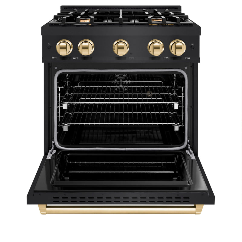 ZLINE 5-Piece Appliance Package - 30-Inch Dual Fuel Range, Hood, Refrigerator, Dishwasher, and Microwave Drawer in Black Stainless Steel with Gold Accents