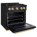 ZLINE 5-Piece Appliance Package - 30-Inch Dual Fuel Range, Hood, Refrigerator with Water Dispenser, Dishwasher, and Microwave Drawer in Black Stainless Steel with Gold Accents