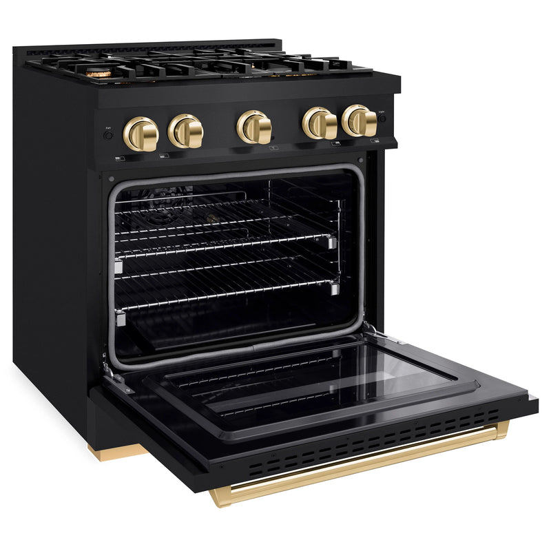 ZLINE Autograph Edition 30-Inch Classic Series Dual Fuel Range with 4 Gas Burner Cooktop and 4.2 Cu. Ft. Electric Convection Oven in Black Stainless Steel with Polished Gold Accents (CDRBZ-30-G)