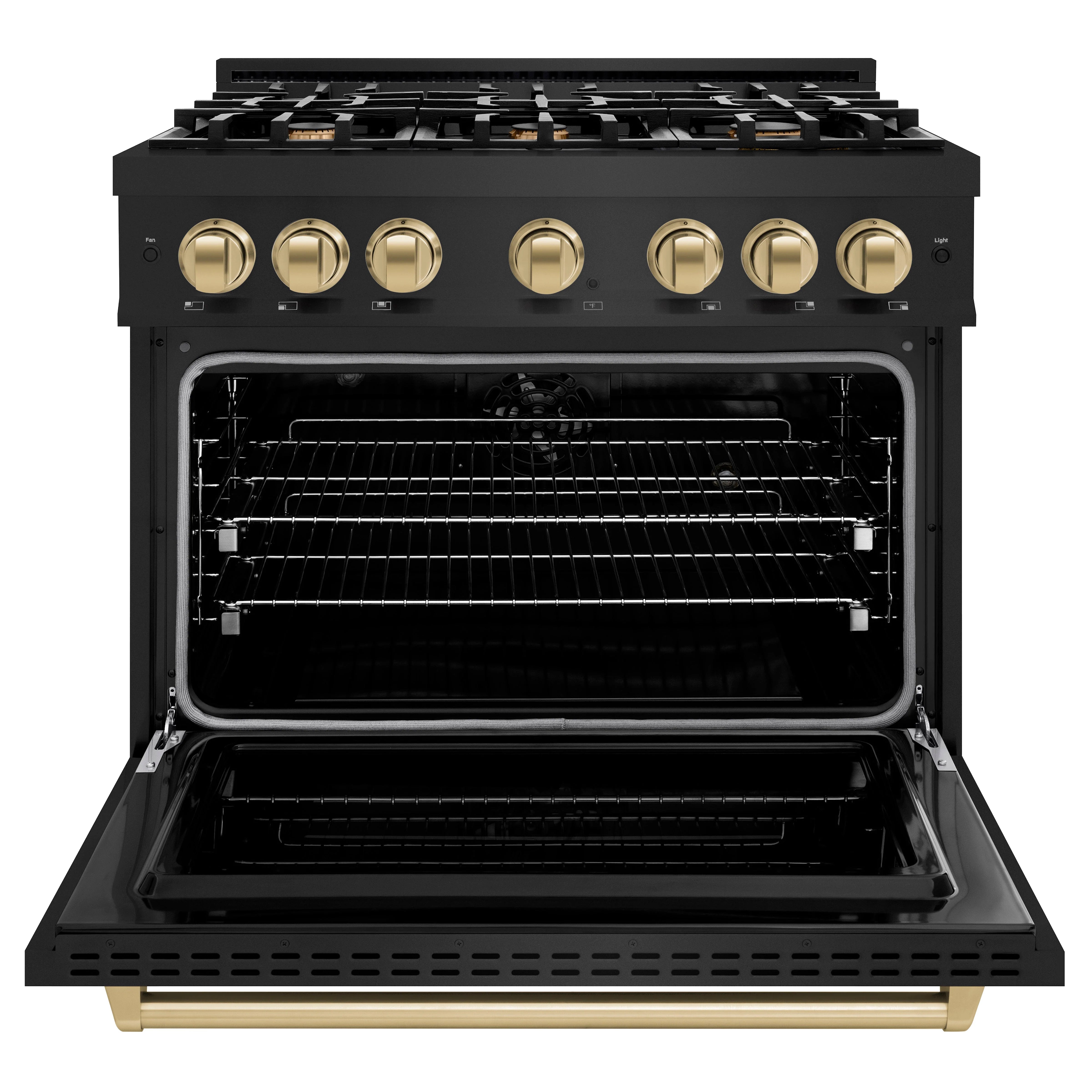 ZLINE 36-inch dual fuel range, open oven door, six gas burners, bronze control knobs, black steel