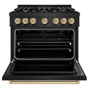 ZLINE 5-Piece Appliance Package - 36-Inch Dual Fuel Range, Hood, Refrigerator with Water Dispenser, Dishwasher, and Microwave Drawer in Black Stainless Steel with Champagne Bronze Accents
