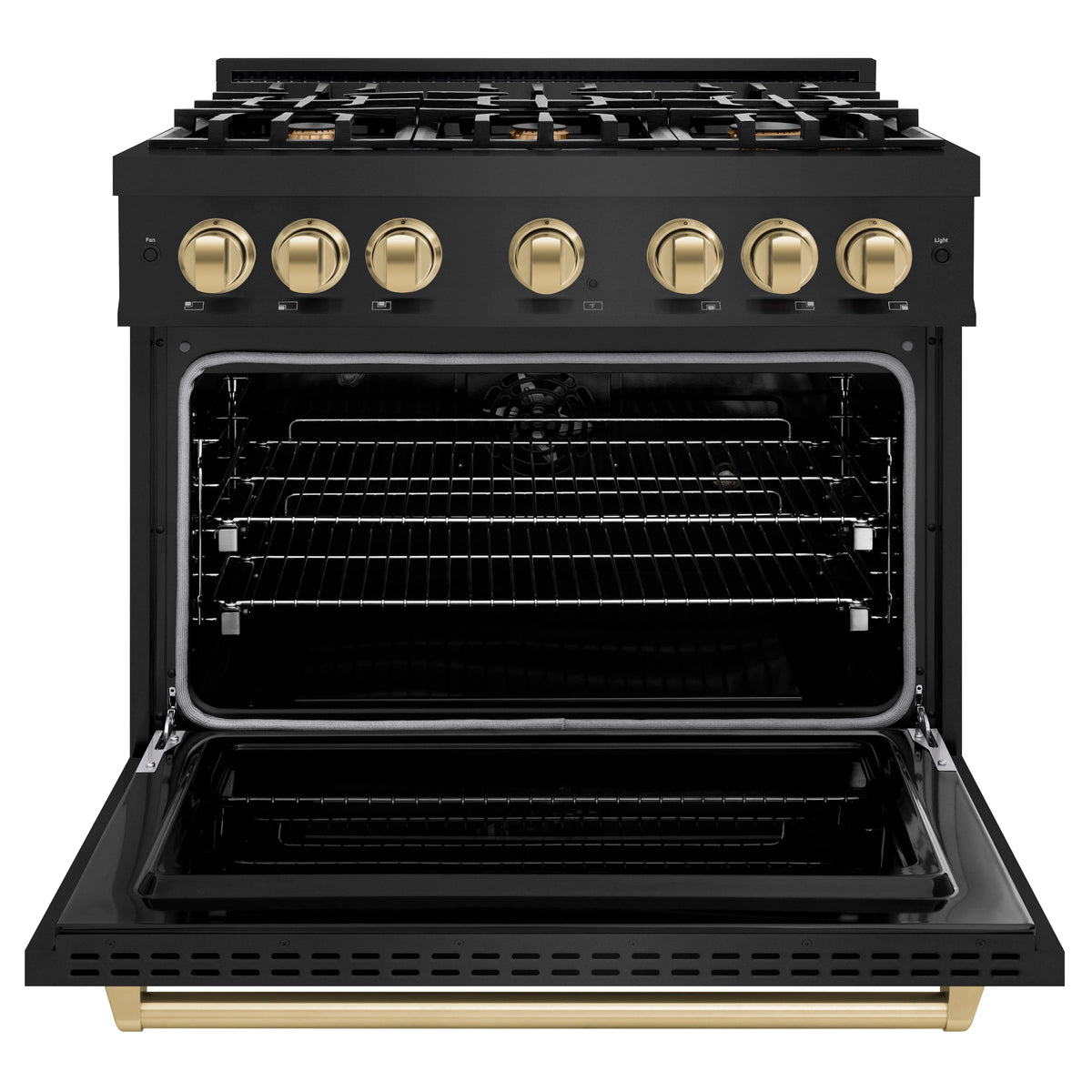 ZLINE dual fuel range with open oven door and black interior racks