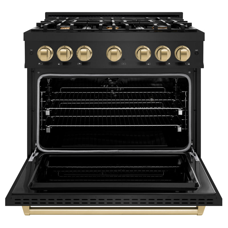 ZLINE 5-Piece Appliance Package - 36-Inch Dual Fuel Range, Hood, Refrigerator, Dishwasher, and Microwave Drawer in Black Stainless Steel with Champagne Bronze Accents