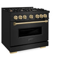 ZLINE 4-Piece Appliance Package - 36-Inch Dual Fuel Range, Hood, Refrigerator, and Dishwasher in Black Stainless Steel with Champagne Bronze Accents