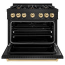 ZLINE 4-Piece Appliance Package - 36-Inch Dual Fuel Range, Hood, Refrigerator, and Dishwasher in Black Stainless Steel with Gold Accents