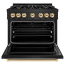 ZLINE 5-Piece Appliance Package - 36-Inch Autograph Edition Dual Fuel Range, Wall Mount Range Hood, 36-Inch French Door Refrigerator with Water Dispenser, Dishwasher, and 30-Inch Microwave Drawer in Black Stainless Steel with Gold Accents