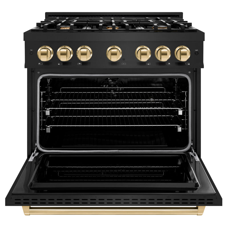 ZLINE 5-Piece Appliance Package - 36-Inch Dual Fuel Range, Hood, Refrigerator, Dishwasher, and Microwave Drawer in Black Stainless Steel with Gold Accents