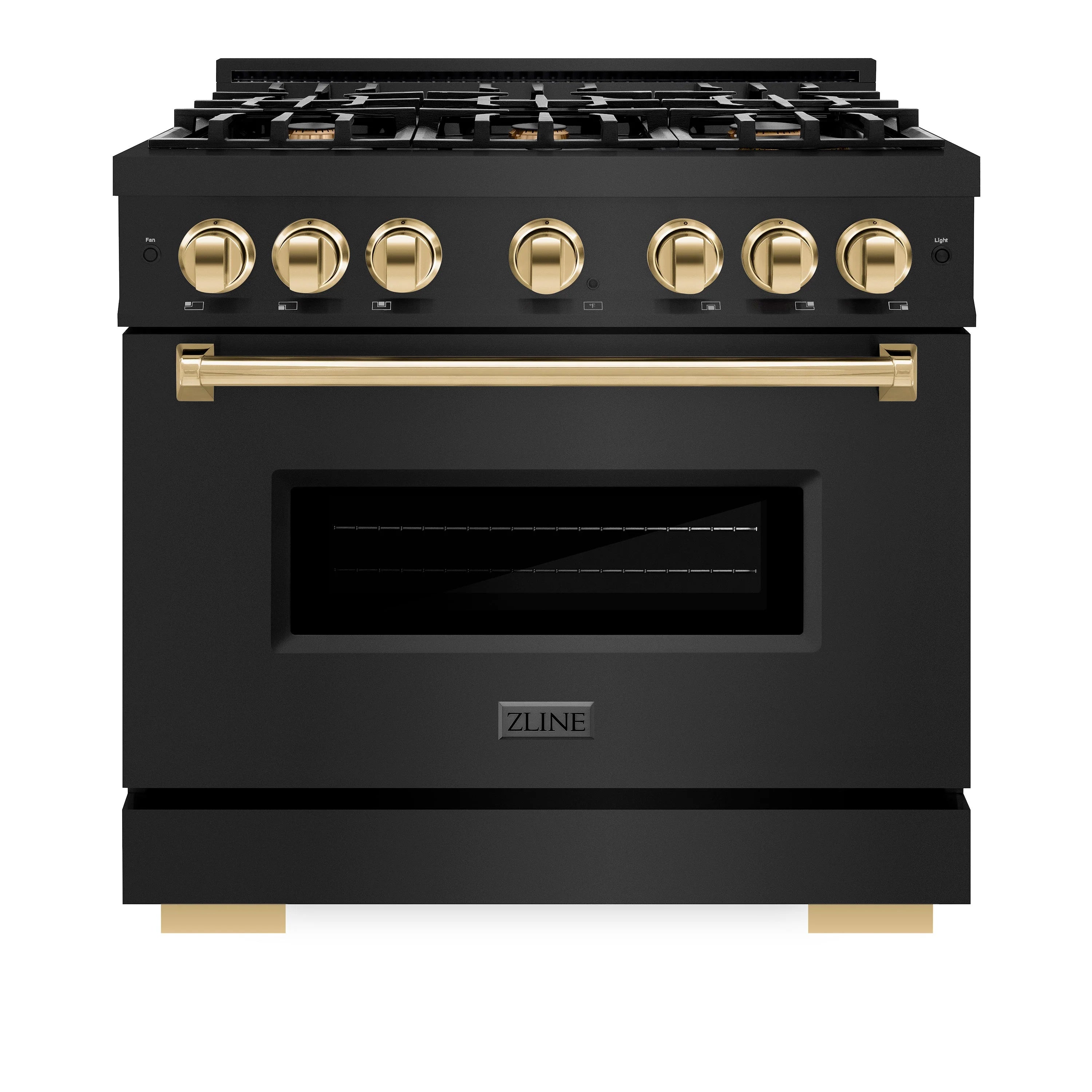 Black dual fuel range front with gold control knobs and closed oven door window