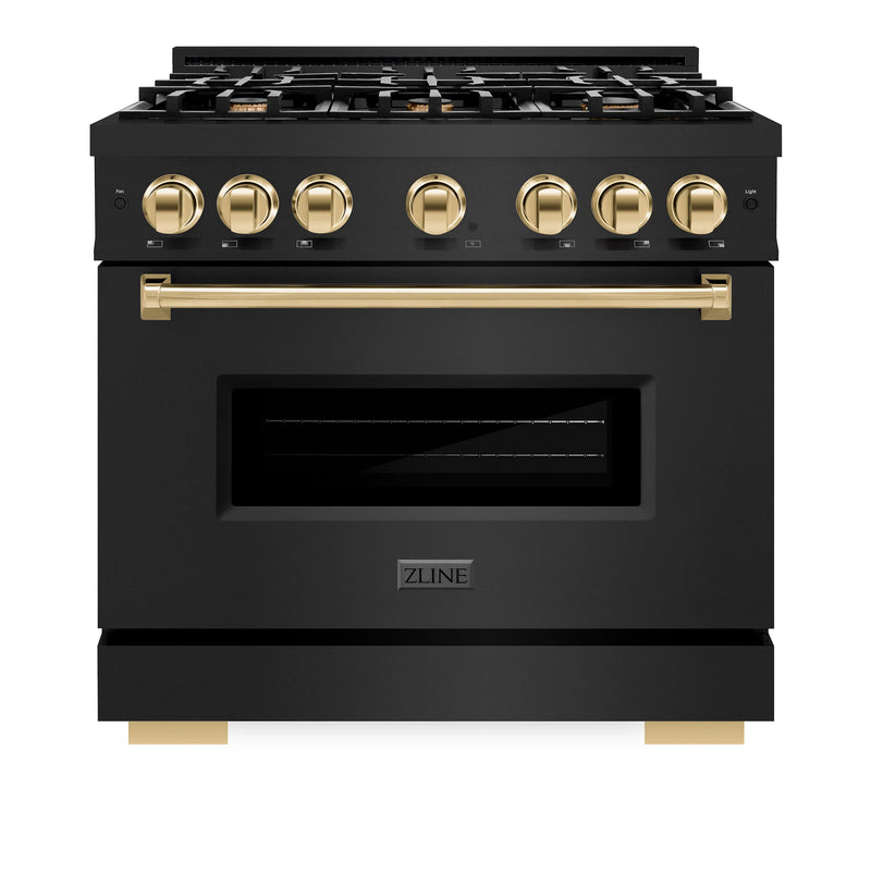 ZLINE 5-Piece Appliance Package - 36-Inch Dual Fuel Range, Hood, Refrigerator, Dishwasher, and Microwave Drawer in Black Stainless Steel with Gold Accents