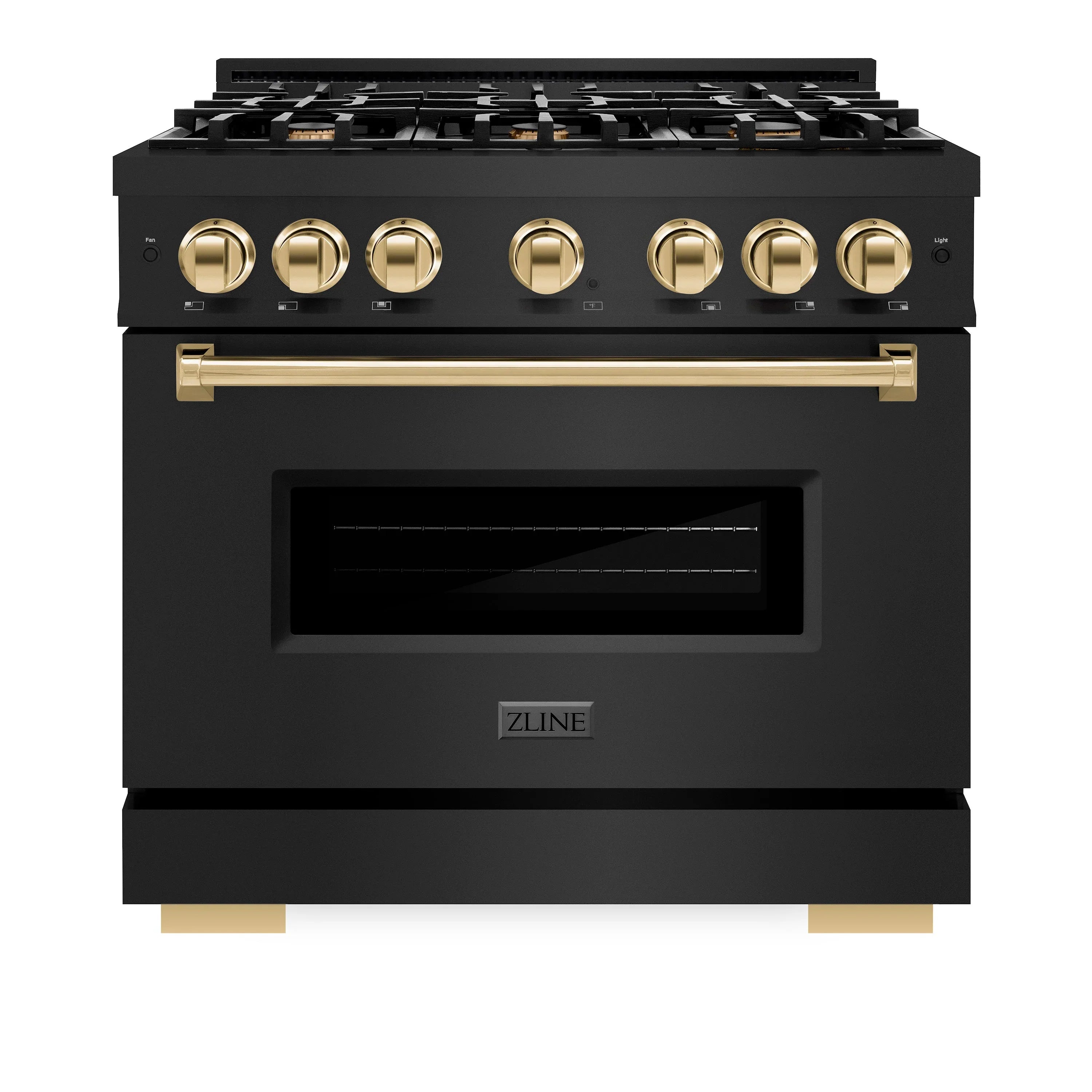 Black dual fuel range with gold control knobs and oven door handle, front view
