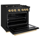 ZLINE 5-Piece Appliance Package - 36-Inch Autograph Edition Dual Fuel Range, Wall Mount Range Hood, 36-Inch French Door Refrigerator with Water Dispenser, Dishwasher, and 30-Inch Microwave Drawer in Black Stainless Steel with Gold Accents