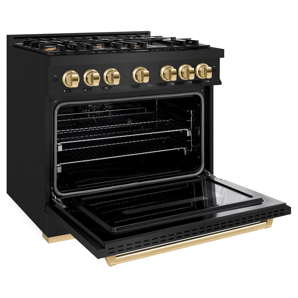Black dual fuel range with open oven door, gold handle trim, and oven racks
