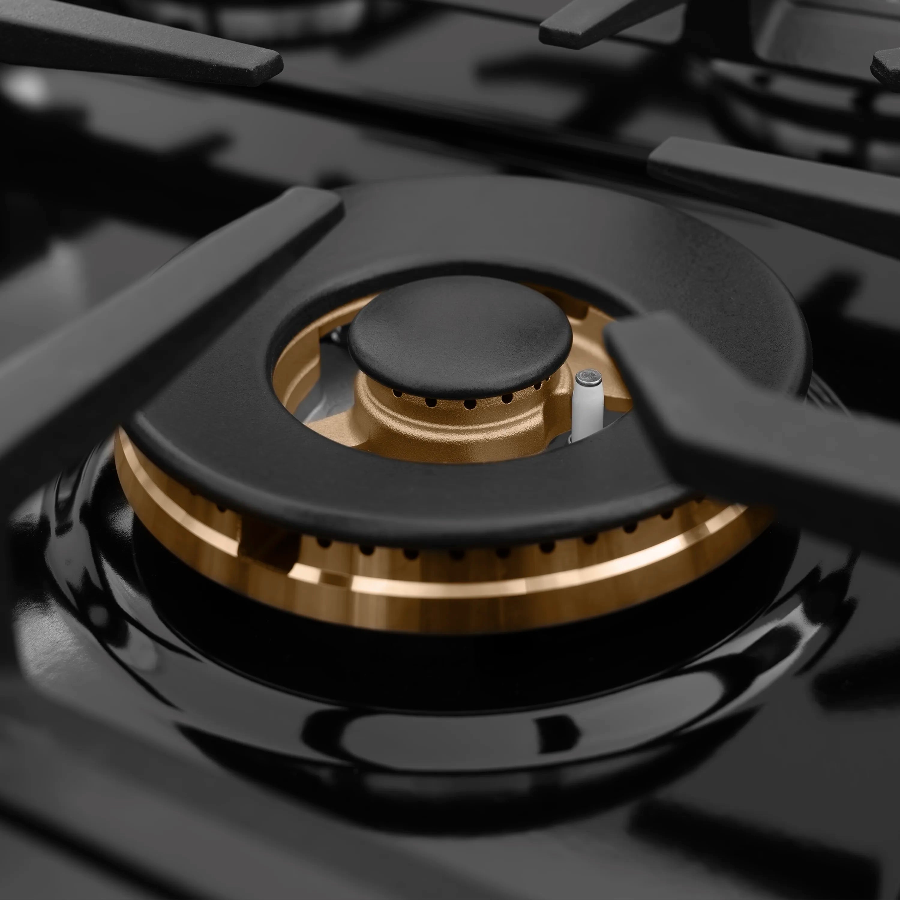 Close-up of black gas burner with dark cap and gold ring detail