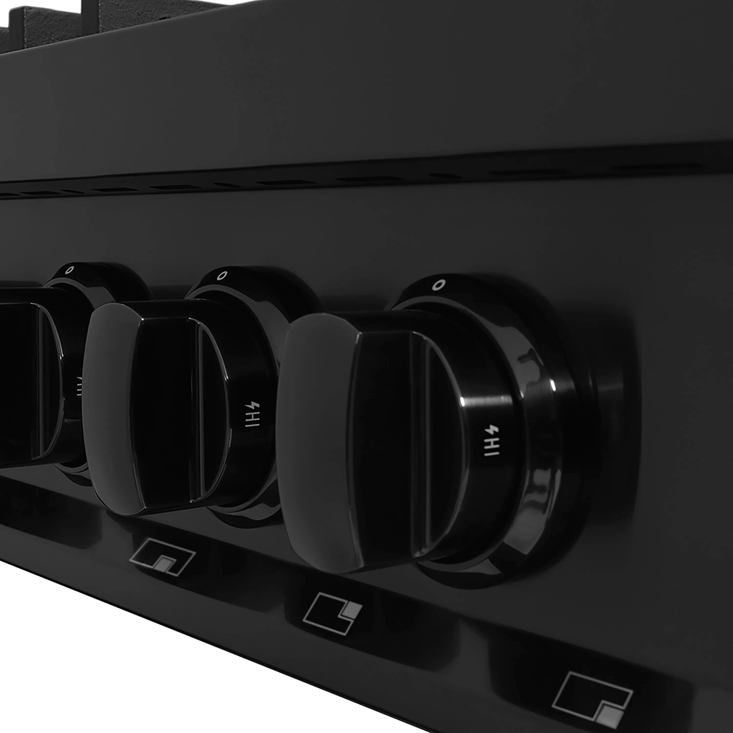 Black gas rangetop side control knobs with glossy finish