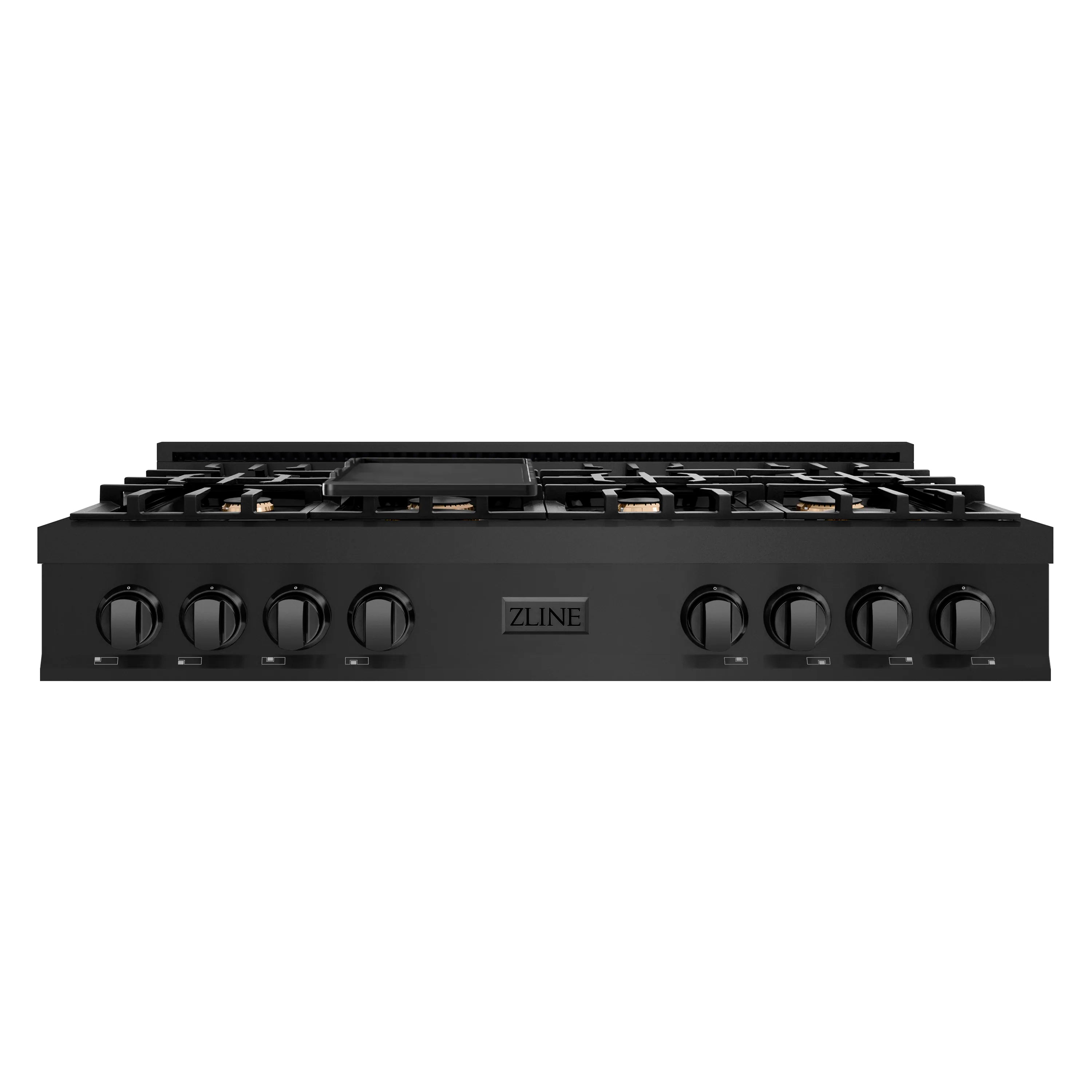 Black 48-inch gas rangetop with burner grates and front control knobs