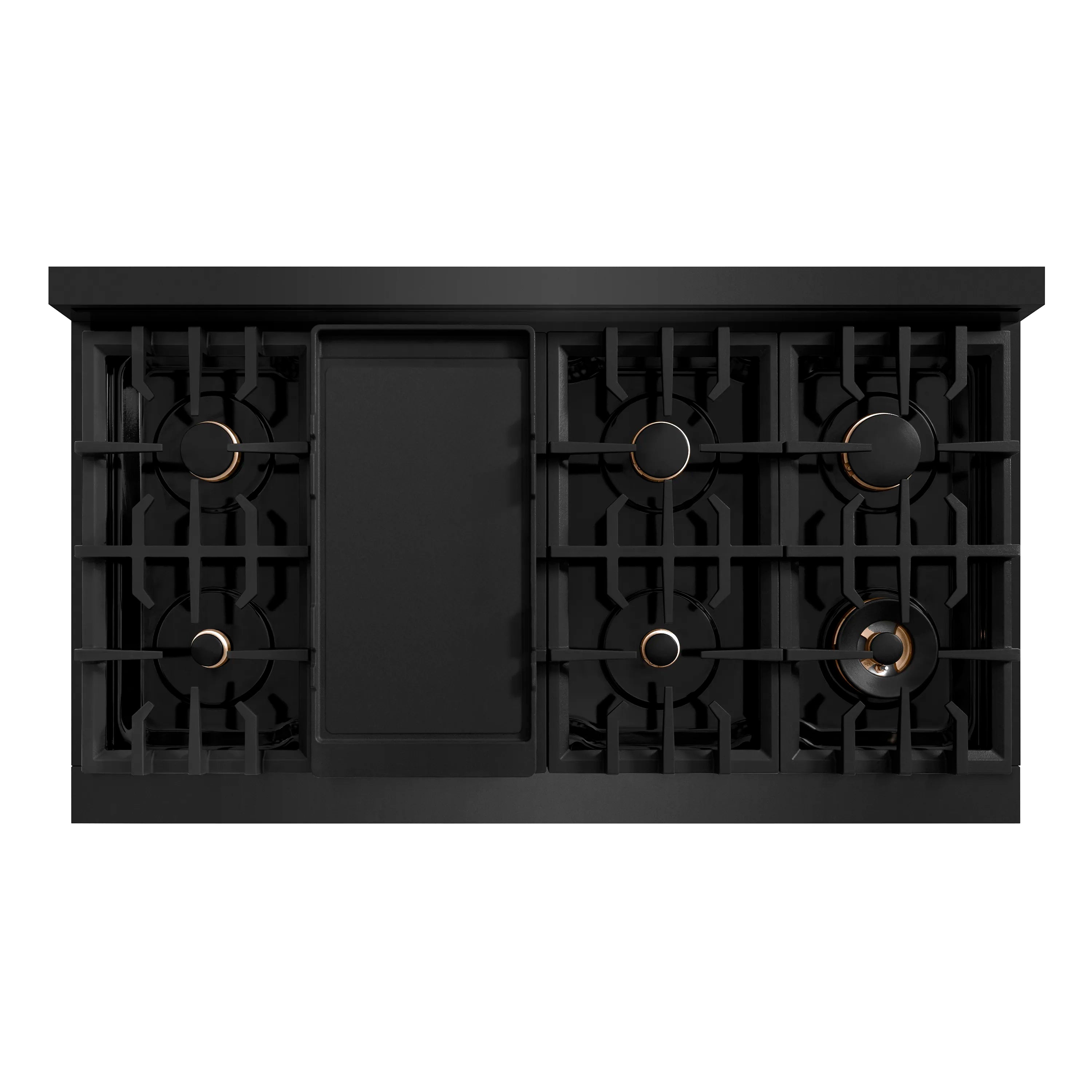 Black stainless steel cooktop with four burner grates and central control panel.