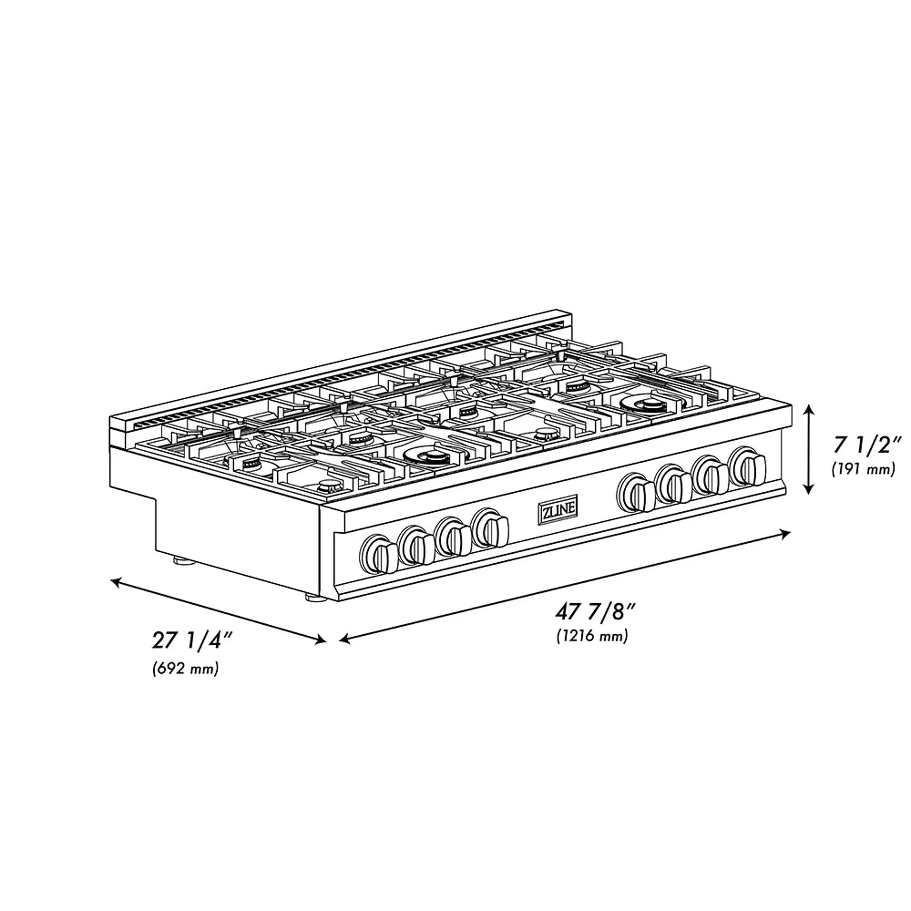 Technical line drawing of a black gas rangetop showing burner layout and dimensions
