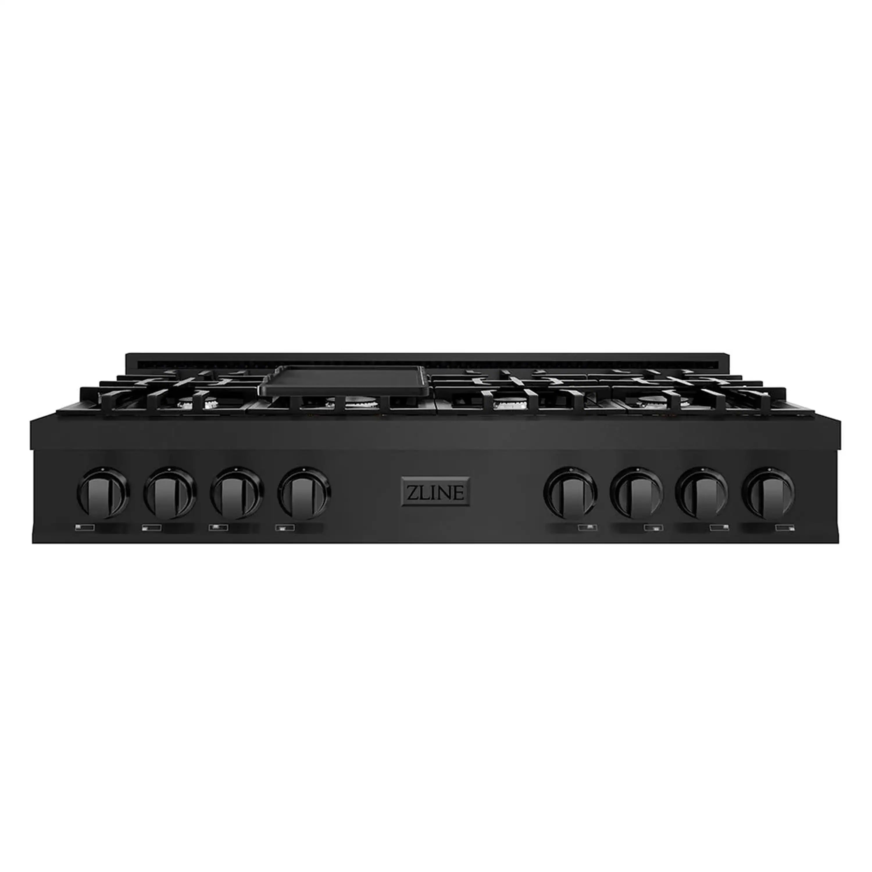 Black stainless gas rangetop with 8 burners and front knob panel, straight-on view