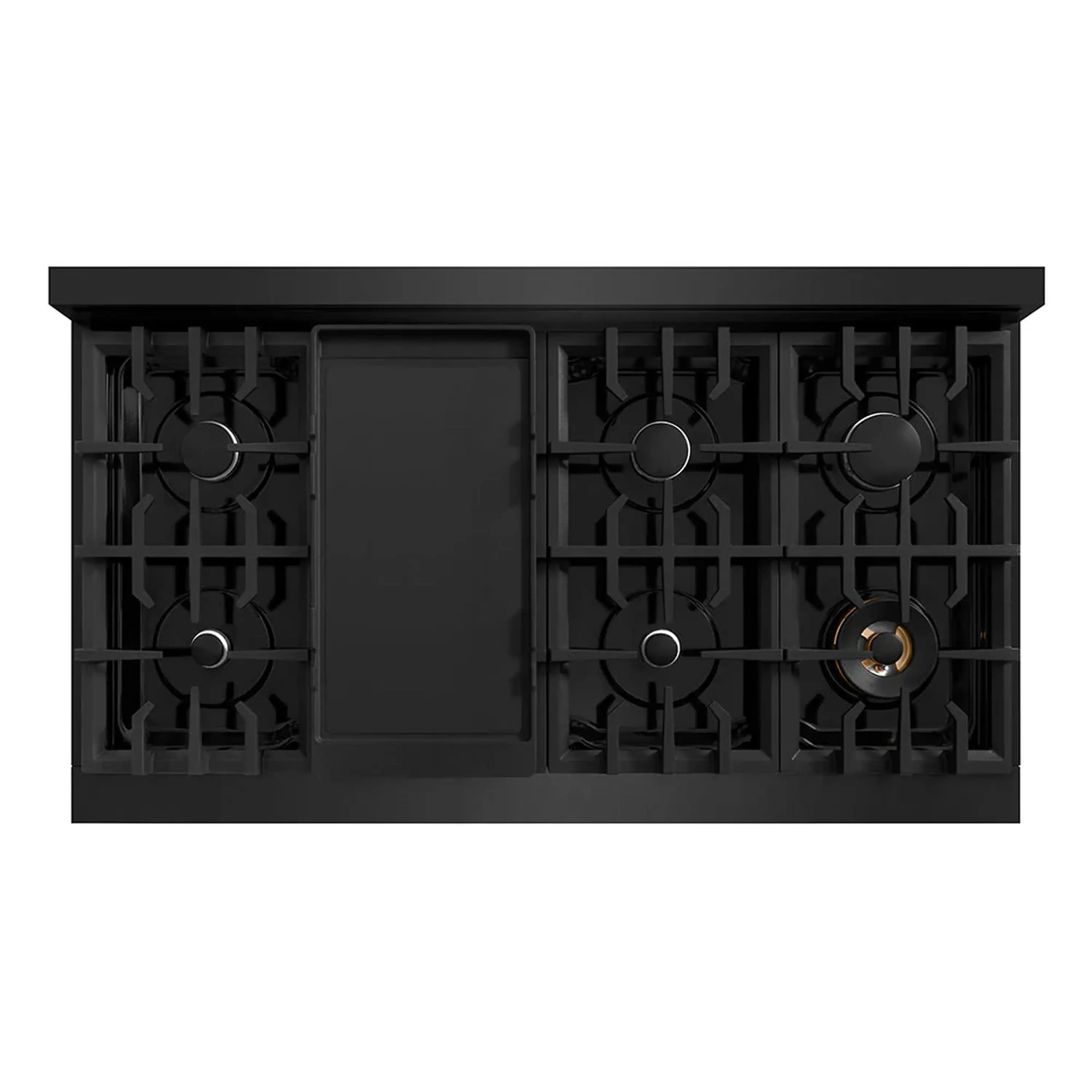 Black gas rangetop with eight burners and cast grates