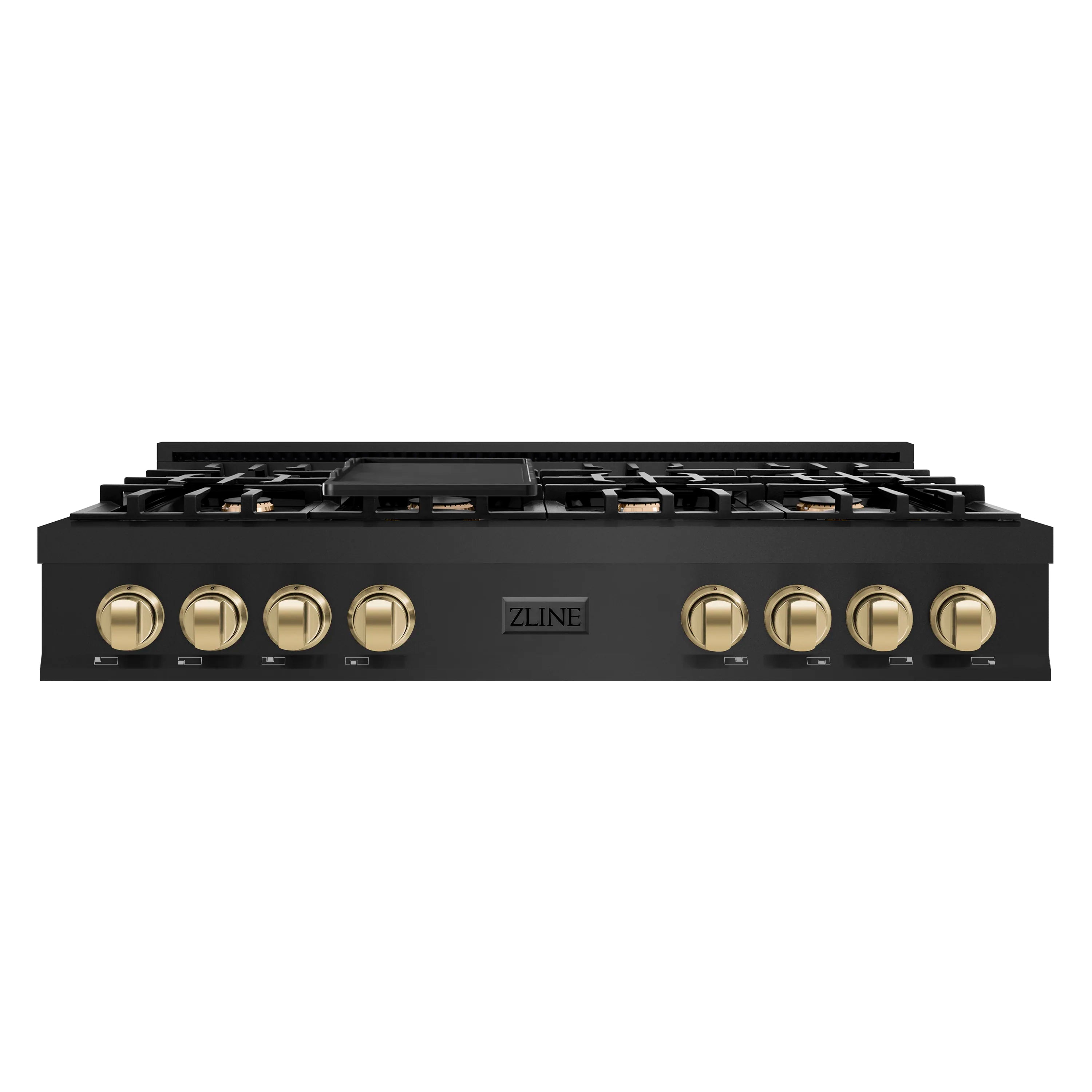 Black gas rangetop front with control knobs, ZLINE logo, and champagne bronze accents