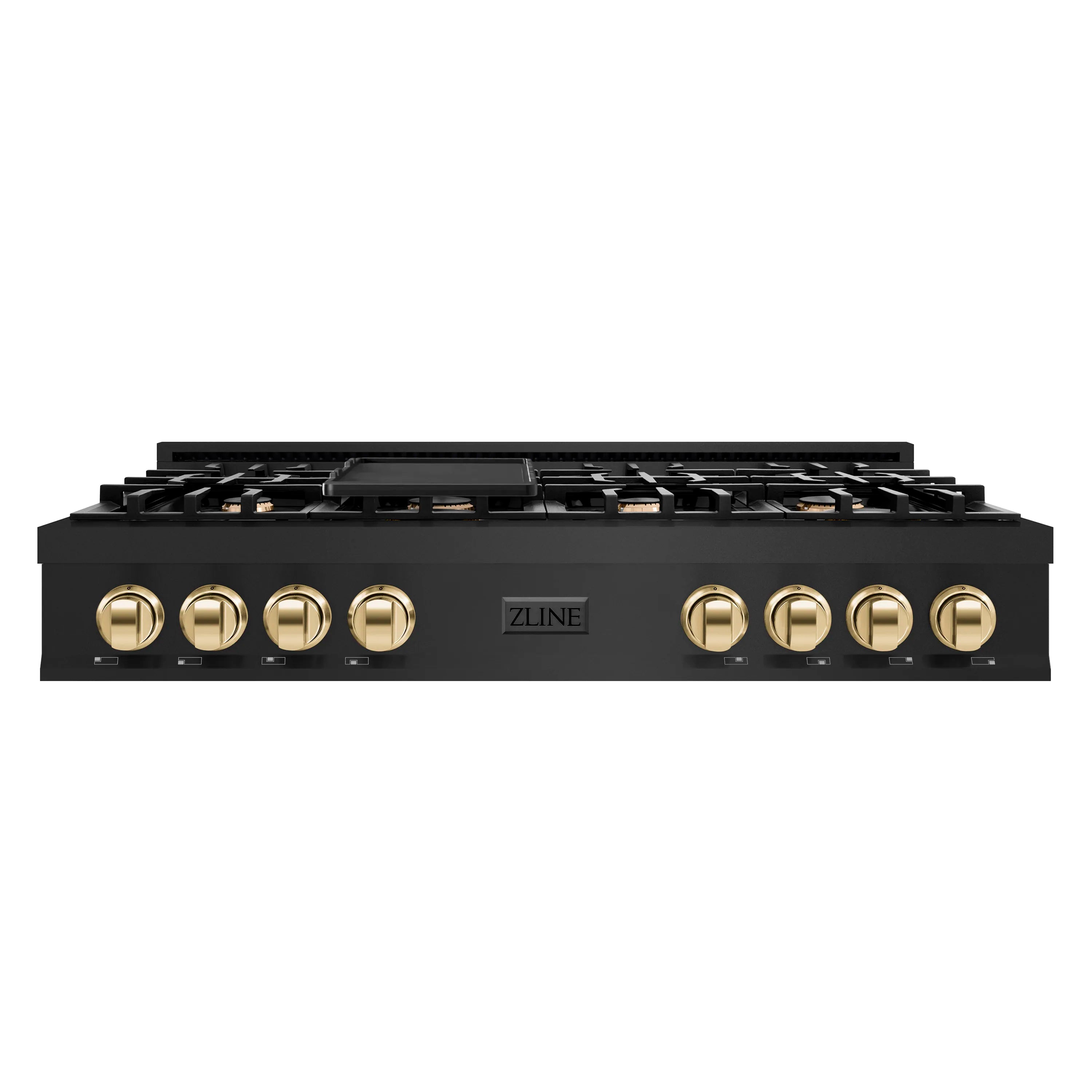 Black gas rangetop with brass control knobs and ZLINE logo