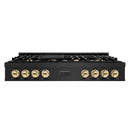 ZLINE Autograph Edition 48-Inch Porcelain Rangetop with 7 Gas Burners in Black Stainless Steel and Gold Accents (RTBZ-48-G)
