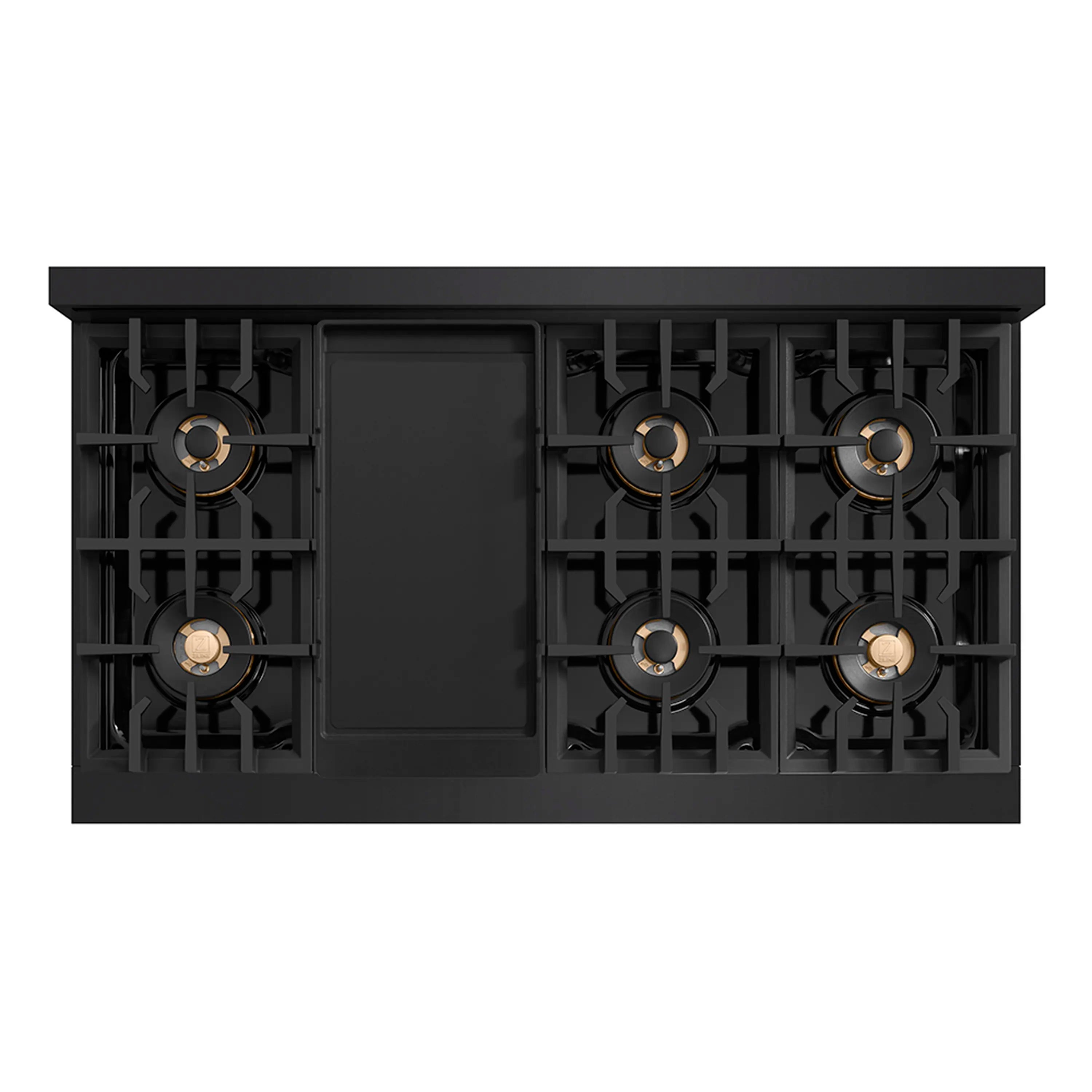 Gas cooktop base with burner openings and central rectangular cover plate