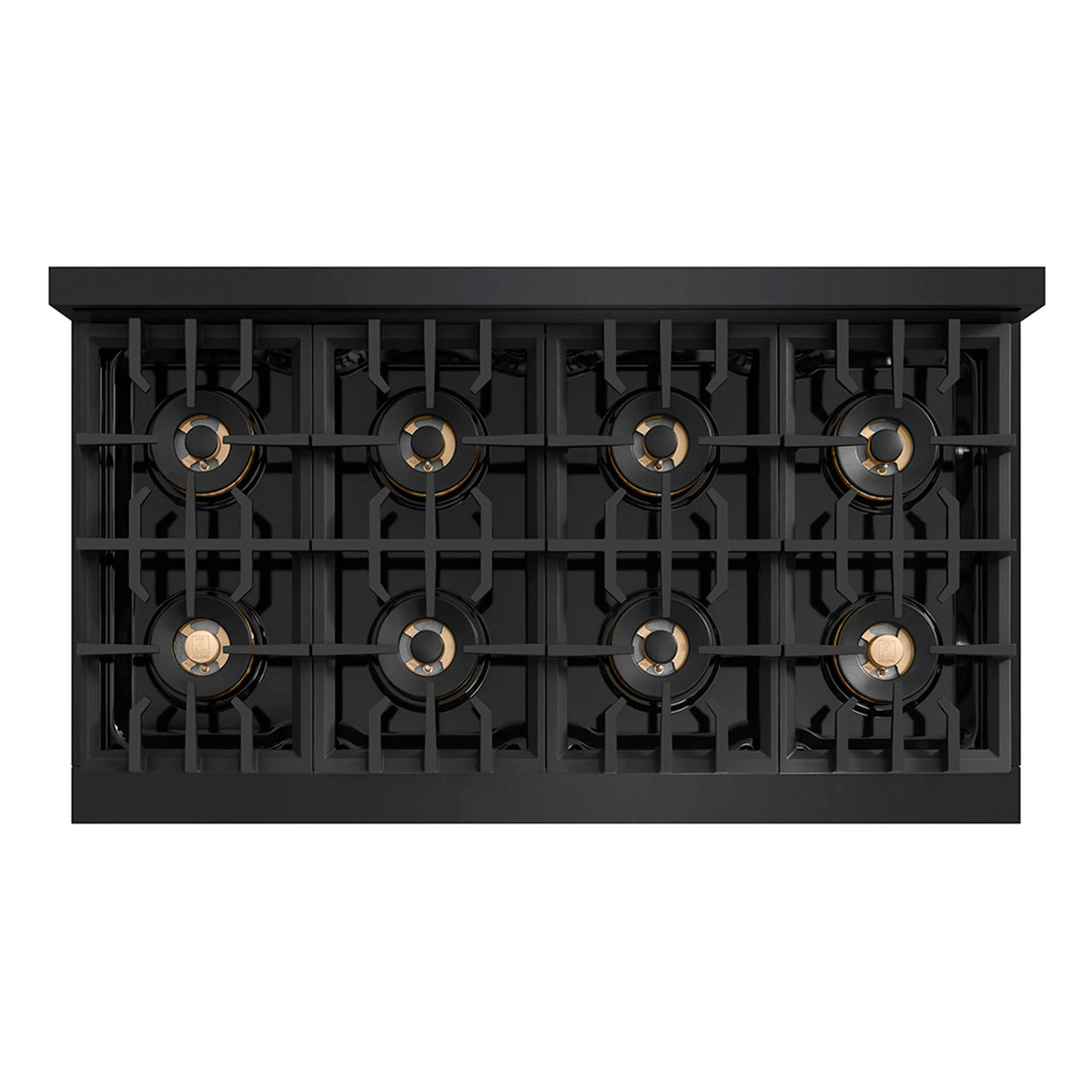 Gas cooktop base with eight burner openings and visible brass burner parts