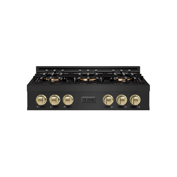 ZLINE Autograph Edition 36-Inch Classic Gas Rangetop with 6 Burner DuoPro™ Cooktop in Black Stainless Steel and Champagne Bronze Accents (PCRTBZ-36-CB)