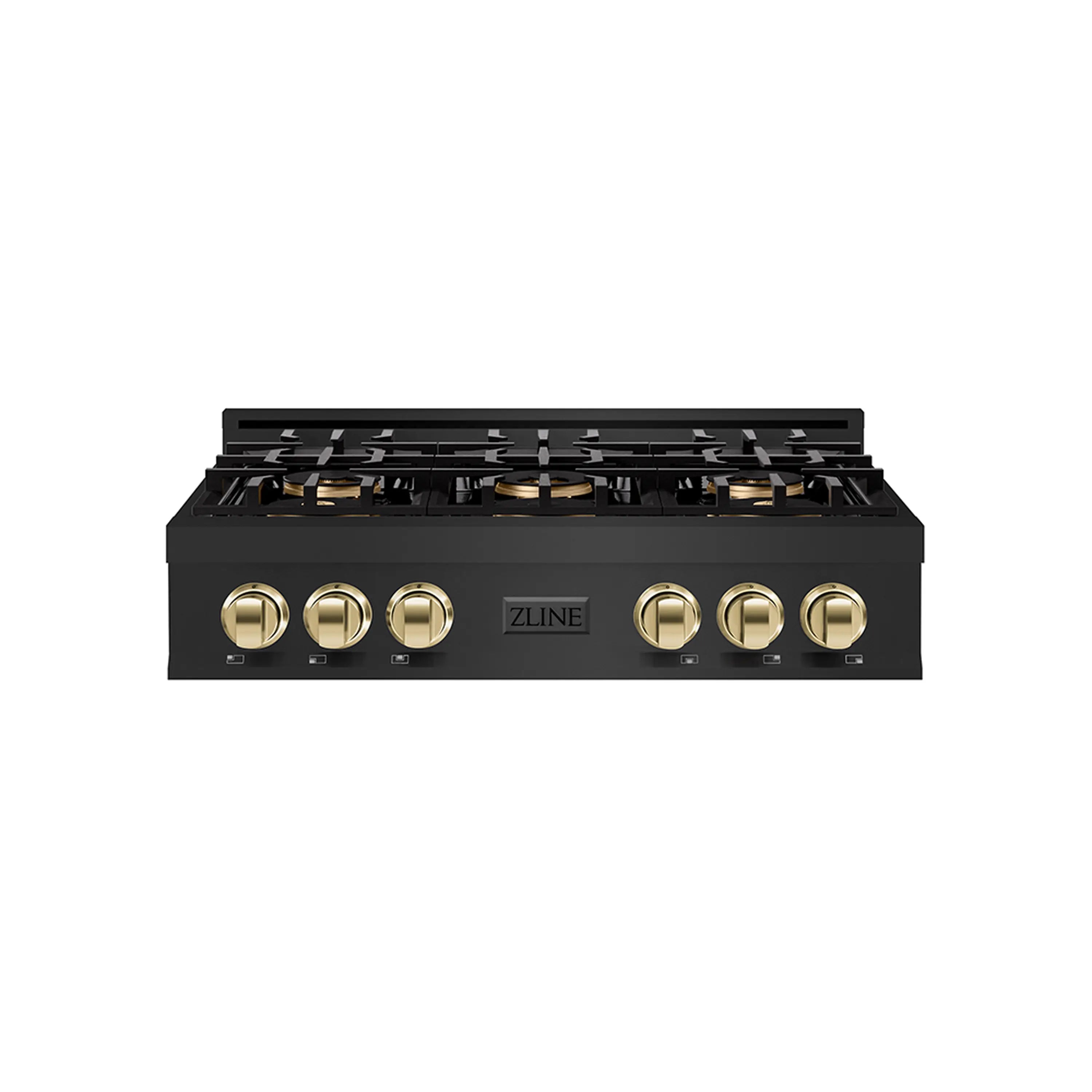 Black gas rangetop with six polished gold control knobs and burner grates