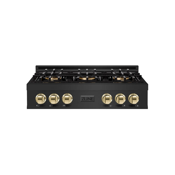 ZLINE Autograph Edition 36-Inch Classic Gas Rangetop with 6 Burner DuoPro™ Cooktop in Black Stainless Steel and Polished Gold Accents (PCRTBZ-36-G)