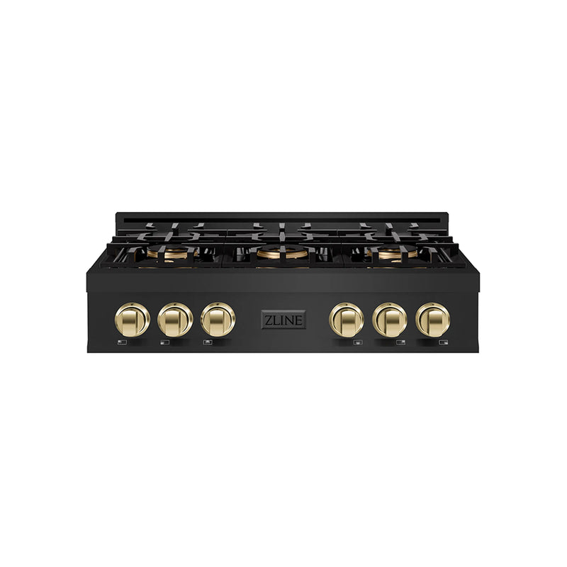 ZLINE Autograph Edition 36-Inch Classic Gas Rangetop with 6 Burner DuoPro™ Cooktop in Black Stainless Steel and Polished Gold Accents (PCRTBZ-36-G)
