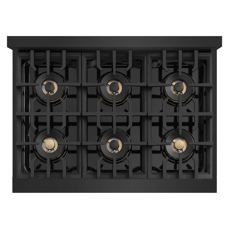 ZLINE Autograph Edition 36-Inch Classic Gas Rangetop with 6 Burner DuoPro™ Cooktop in Black Stainless Steel and Polished Gold Accents (PCRTBZ-36-G)