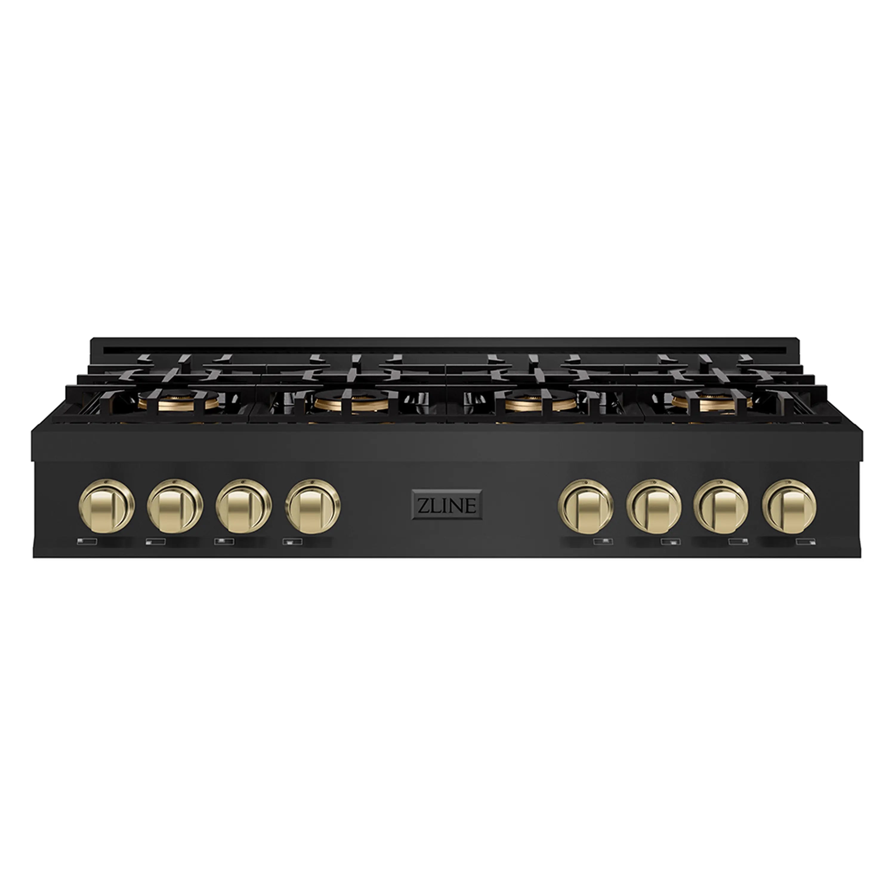 Black gas rangetop with eight burners, champagne-bronze knobs, and ZLINE center badge