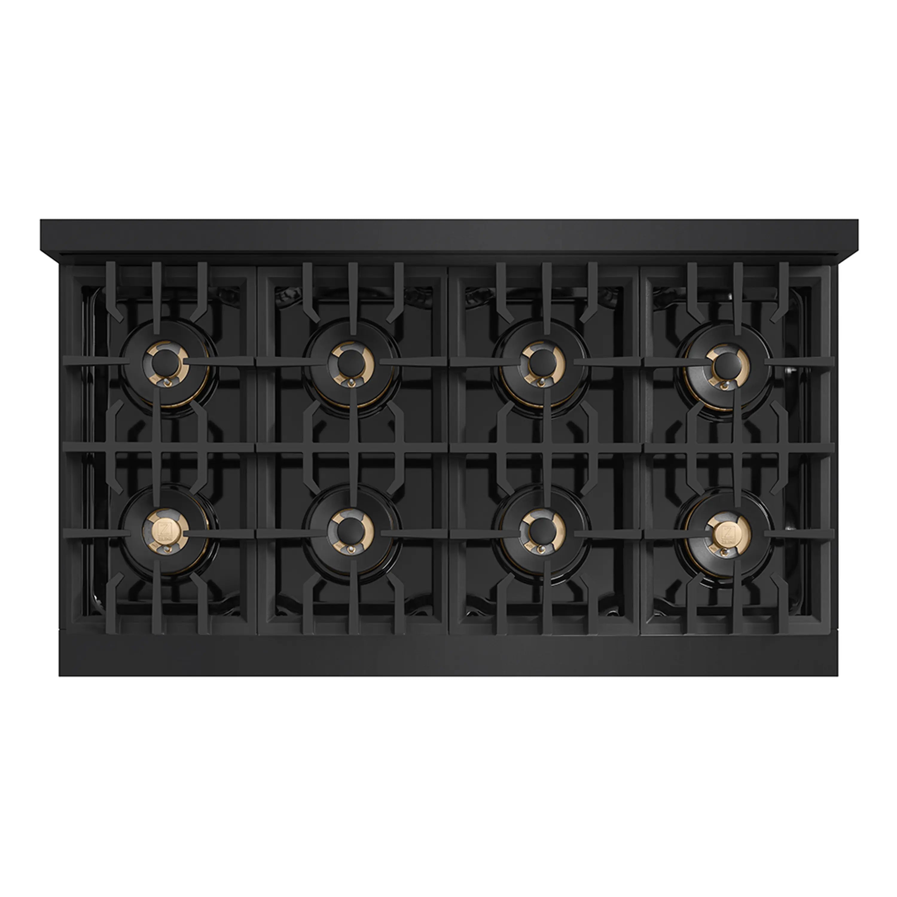 Black gas cooktop burner layout with eight burners and cast grate supports