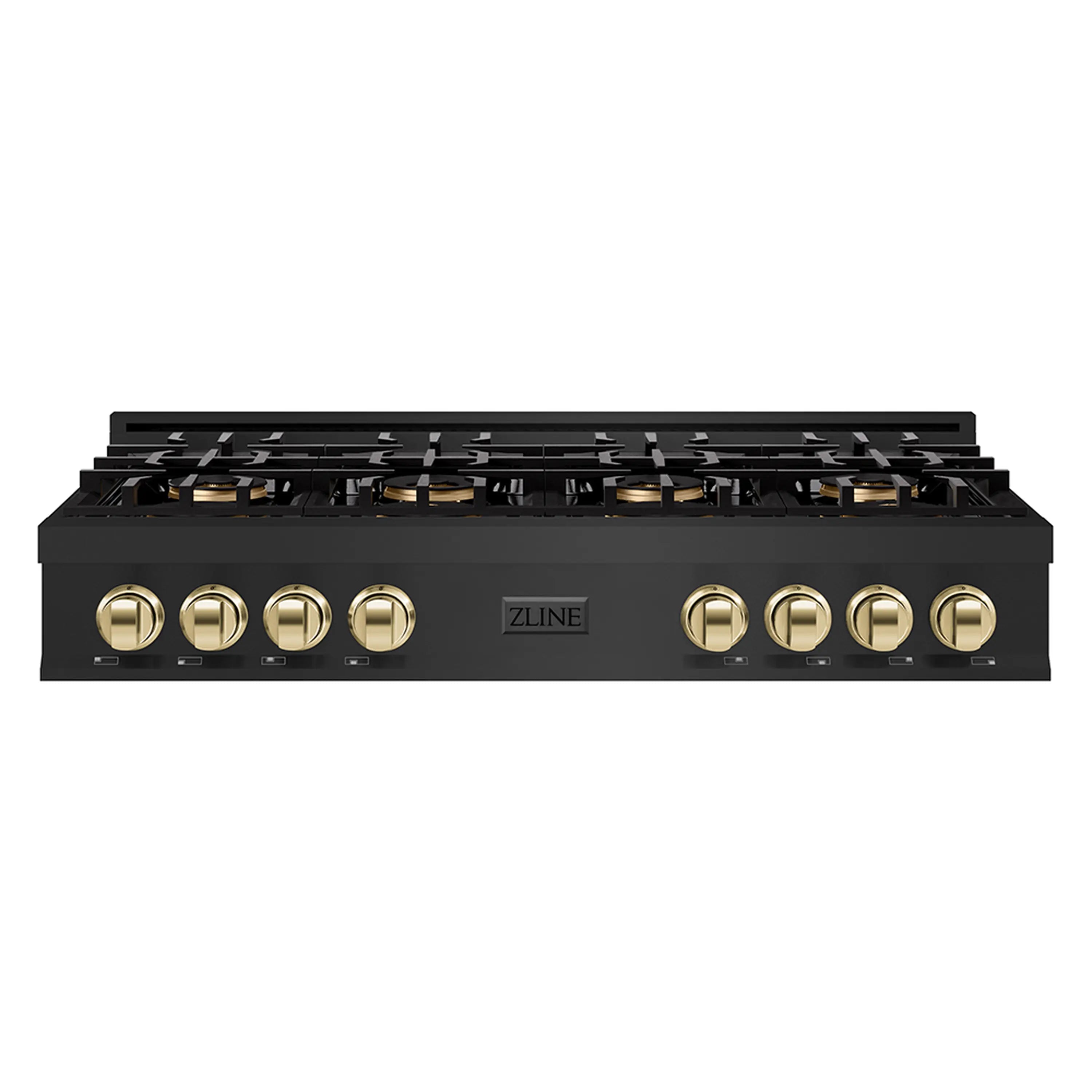 Black stainless gas rangetop control panel with gold knobs and burner layout