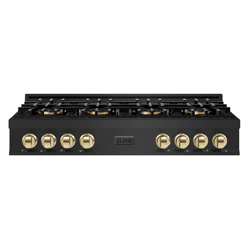 ZLINE Autograph Edition 48-Inch Classic Gas Rangetop with 8 Burner DuoPro™ Cooktop in Black Stainless Steel and Polished Gold Accents (PCRTBZ-48-G)
