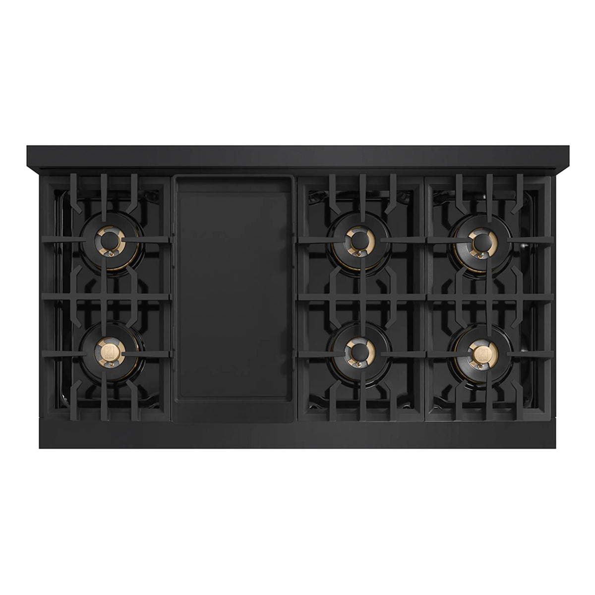 Black 8-burner gas rangetop with center cover panel and polished gold control knobs