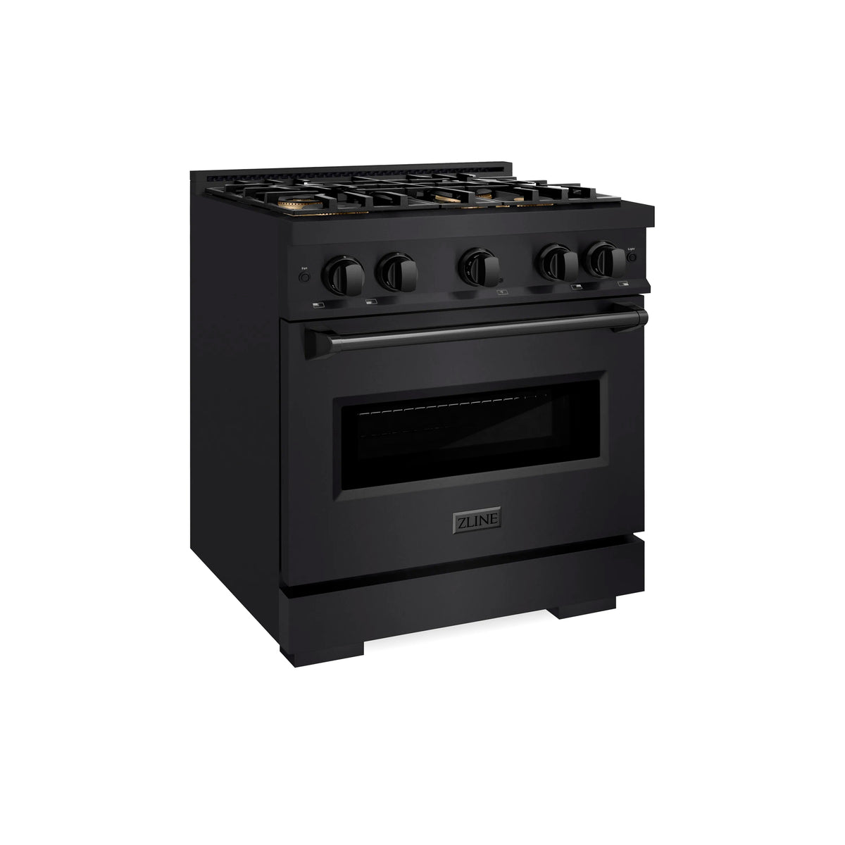 Black stainless steel dual fuel range angled view showing cooktop burners and oven door